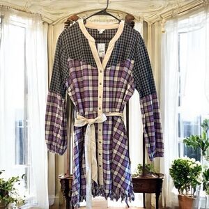 Stylish Plaid purple Button-Down Dress with Belt and fringed bottom